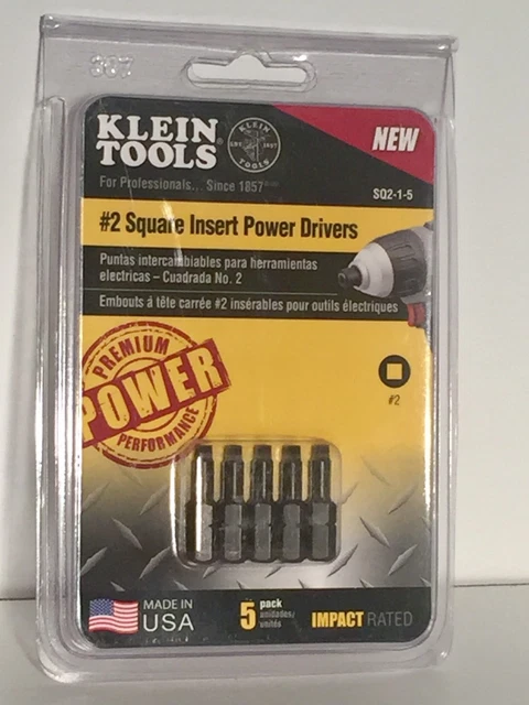 New Klein Tools Brand #2 Square Insert Power Drivers 5 Pack SQ2-1-5 1 Inch Bits