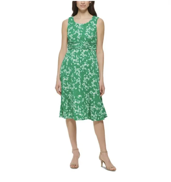 Jessica Howard Green Floral Print Ruched A-Line Midi Dress Petite Size 8P NWT