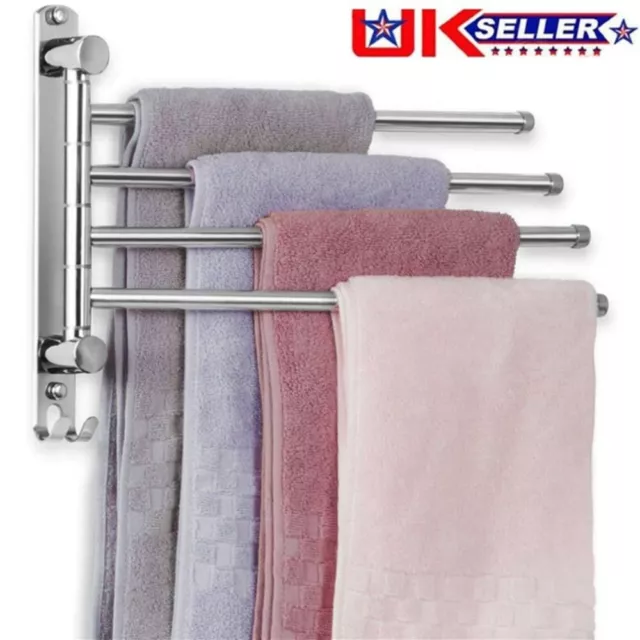 4 Arm Stainless Steel Towel Rail Rack Swivel Towel Bar Bathroom Hanger + Hook UK