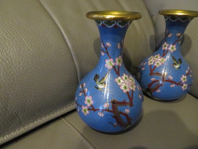 Lot De 2 Vases émaux Cloisonné - Décor Fleur De Cerisier Et Oiseau - Occasion