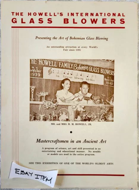 1940 Adv FLYER Poster THE HOWELL'S INTERNATIONAL GLASS BLOWERS BOHEMIAN