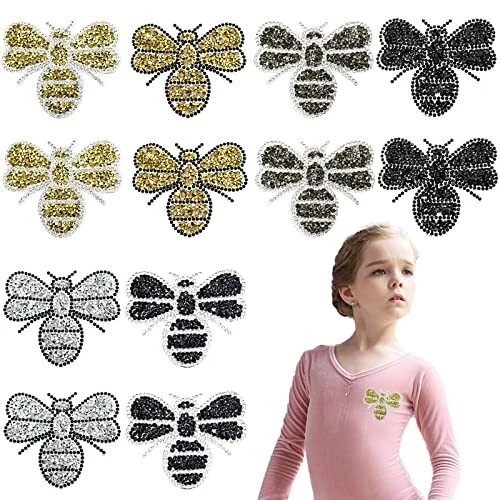 12 Pack Bee Rhinestone Decorative Patches Iron on Clothes Rhinestone Applique...