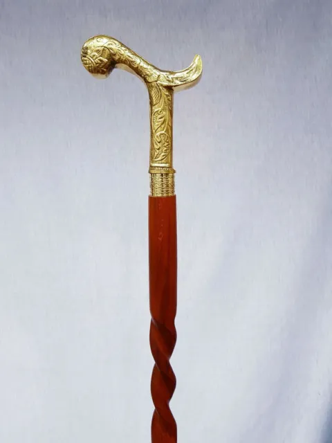 Antique Vintage Brass Hand Handle Wooden Walking Stick Victorian Design Cane New