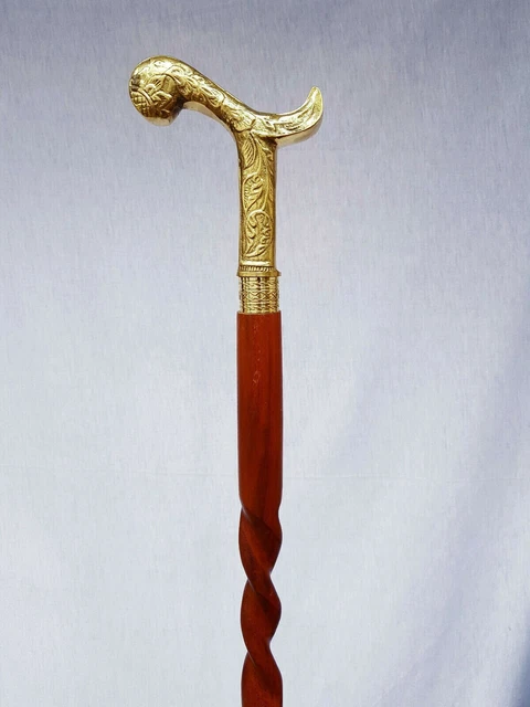 Antique Vintage Brass Hand Handle Wooden Walking Stick Victorian Design Cane New
