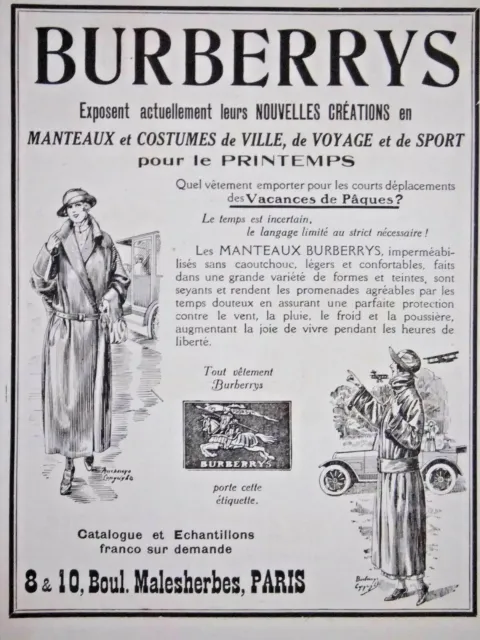 Publicité De Presse 1923 Burberrys Manteaux Costume De Ville De Voyage De Sport