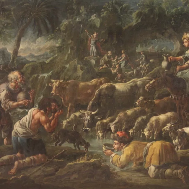 Ancien tableau paysage Moïse peinture religieuse huile sur toile 18ème siècle