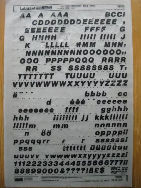 1 x Letraset Upp/Low & Num HELVETICA BOLD ITALIC  36pt 10.2mm Sheet 1789  (bb)b