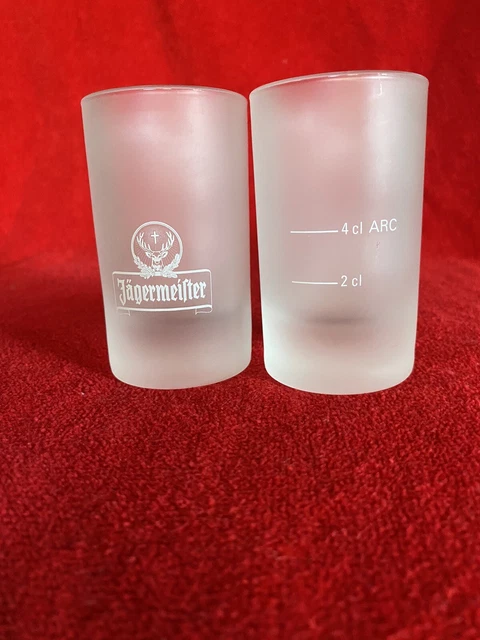 2 JAGERMEISTER FROSTED SHOT GLASSES 2 cl 4 cl ARC German Deer Head Logo 3.5"