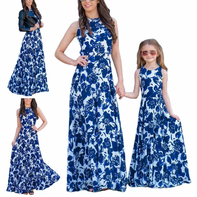 Mother Daughter Matching Party Dress Family Summer Beach Floral Long Sundress