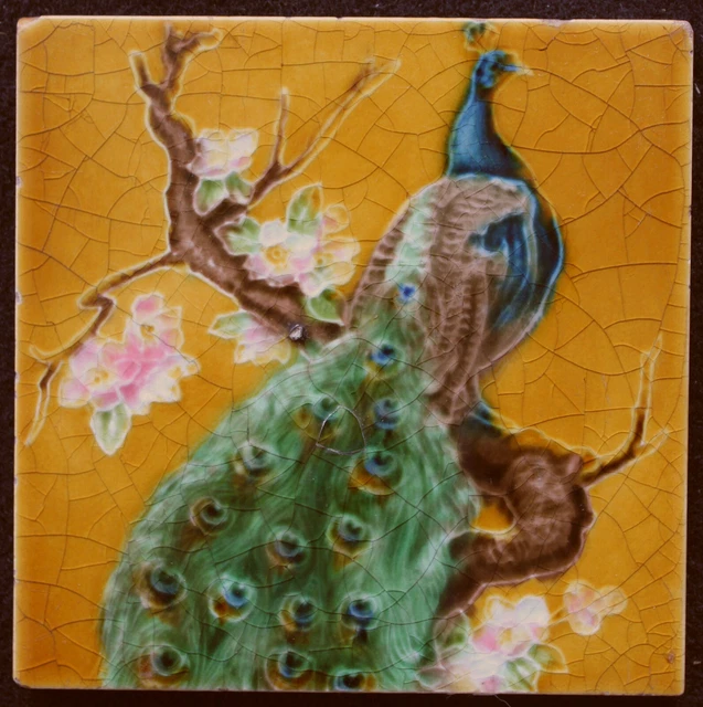 Attractive Original  antique Peacock Art Nouveau tile C 1900 H. Richards England