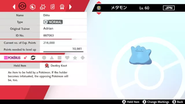 Pokemon Sword and Shield - 6IV Shiny Japanese Ditto With Pokerus & Destiny Knot