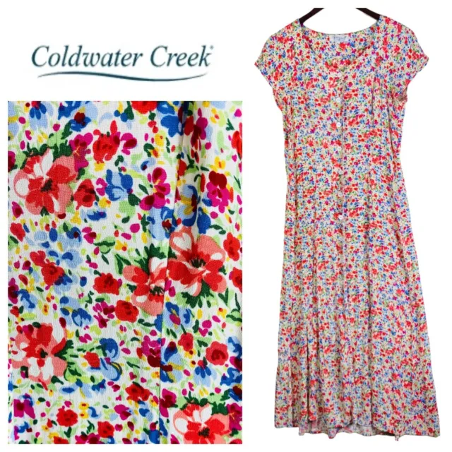 Vtg Coldwater Creek Sz 6 Medium Maxi Shirtdress Dress Floral Silky Cottage f