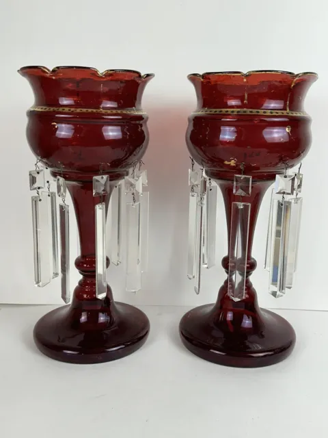 Pair Of Antique Victorian Ruby Red Glass Mantle Candle Lusters Crystal Prisms