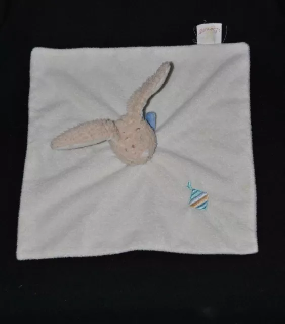Peluche doudou lapin plat BENGY blanc crème bandana bleu cerf volant TTBE