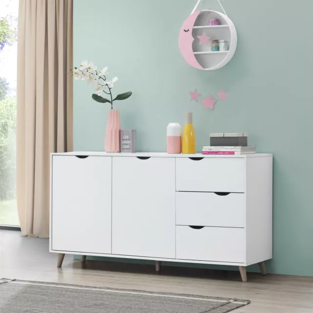 Pulford Scandi Sideboard Buffet 2 Doors 3 Drawers Storage Cabinet Cupboard White