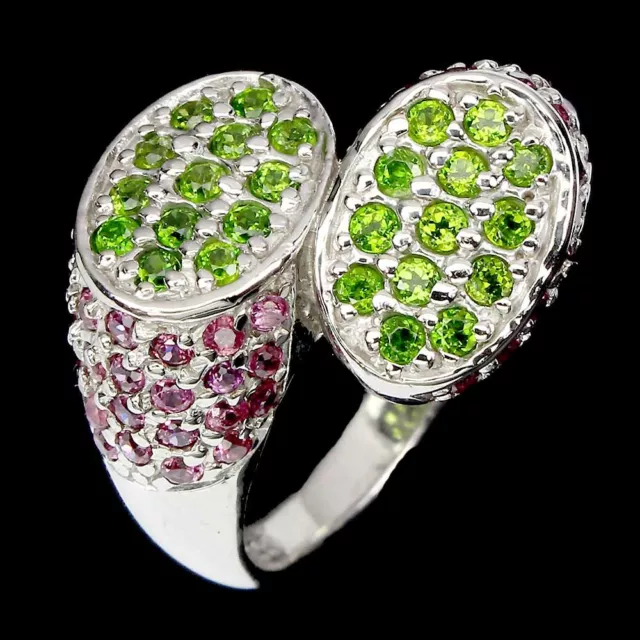 Non Chauffé Rond Chromé Diopside Grenade Rhodolite 925 Bague en Argent Taille 8