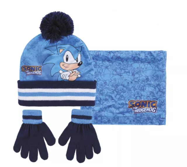 Sonic The Hedgehog Hat Gloves + Snood Set for Boys 3 Piece Winter Set Gift