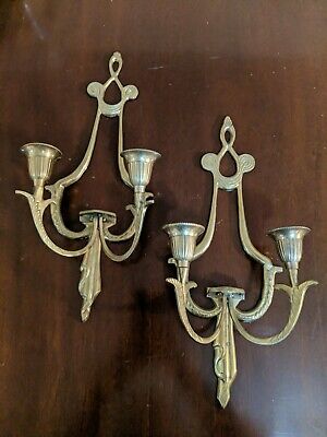 Pair (2) Vintage Ornate Brass Two-Arm Double Wall Sconces for Candles Hollywood