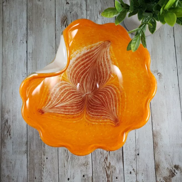 Orange Cased Art Glass Bowl Flower Petal Design Scalloped Edge Folded 9” Ashtray