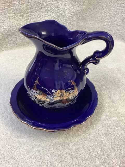 Oriental Cobalt Blue Pitcher With Bowl Peafowl /Peacock  Design 5 1/2" H