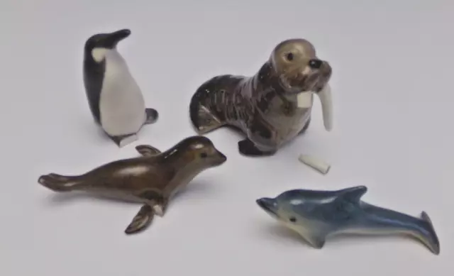 Lot of 4 Vintage Ceramic Sea Animals, Walrus, Penguin, Porpoise, Seal Figurines