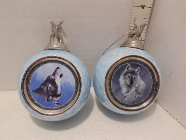 VTG Bradford Editions Silver Scout & Black Knight Wolf Christmas Ornaments 1997