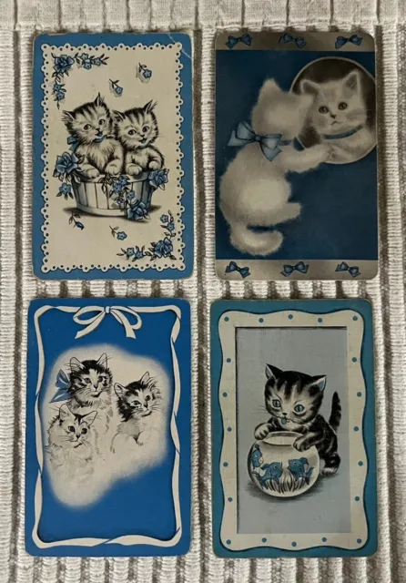 4 Vintage Playing Cards ~ White & Grey Cats/Kittens ~ Fishbowl/Barrel/Mirror