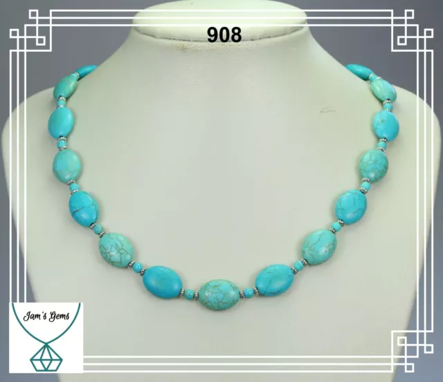 Turquoise dyed howlite oval/round stone bead necklace, Tibetan silver spacer 18"