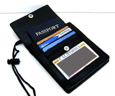 Black Genuine leather Passport ID Card Holder Neck Strap Organizer String Bag
