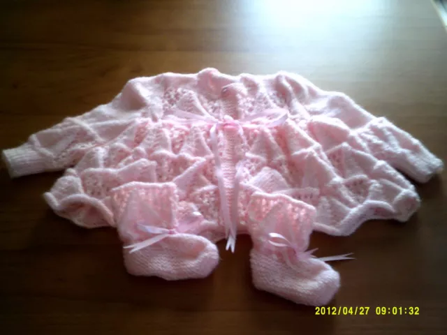 Pink Acrylic  Pyramid And Lace Baby Layette { Hand Knitted }