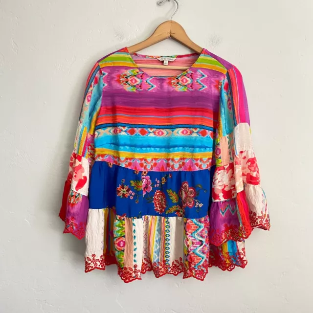 John Mark Embroidered Boho Top Women Size Small Colorful Flare Sleeve