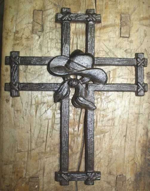 HUGE Cast Iron VICTORIAN Style COYBOY Hat Wall Cross Rustic Decorative Western
