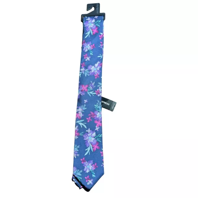 NWT Express Men's 100% Silk Purple Floral Multicolor Narrow 2.5” Width Tie 2