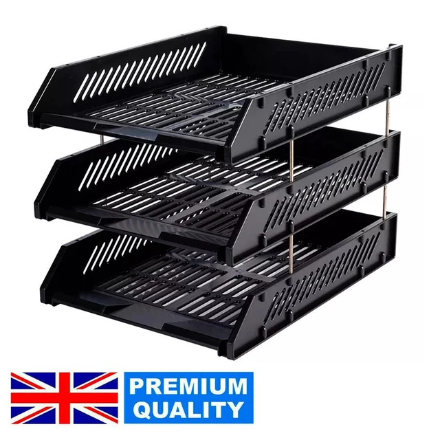 3 TIER STACKABLE Desk Black A4 Letter Tray Filing Document Organiser