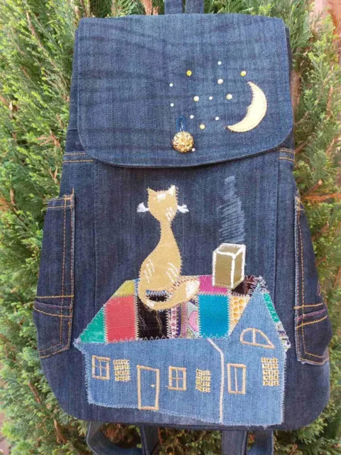 Denim Jeans Backpack Handmade Multicolor Cat, Moon & Stars