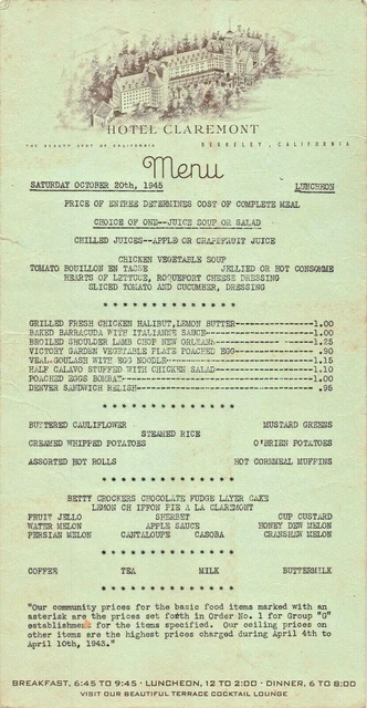 Berkeley Ca ~ Hotel Claremont ~1945 Luncheon Menu