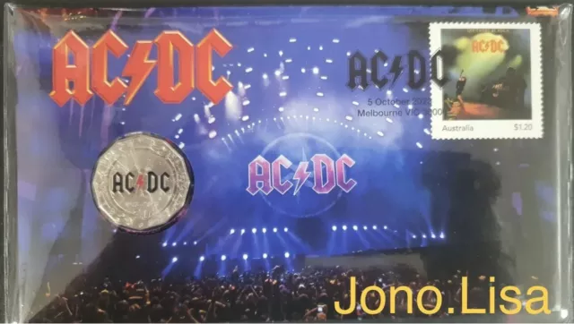 2023 50c PNC ACDC 50 Years. Fifty Cent Coin & Stamp Display. AC DC Cover Aust