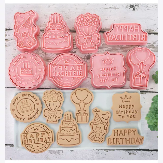 8Pcs Happy Birthday Cartoon Cookie Mold Set Biscuit Cutters Press Stamp Molds