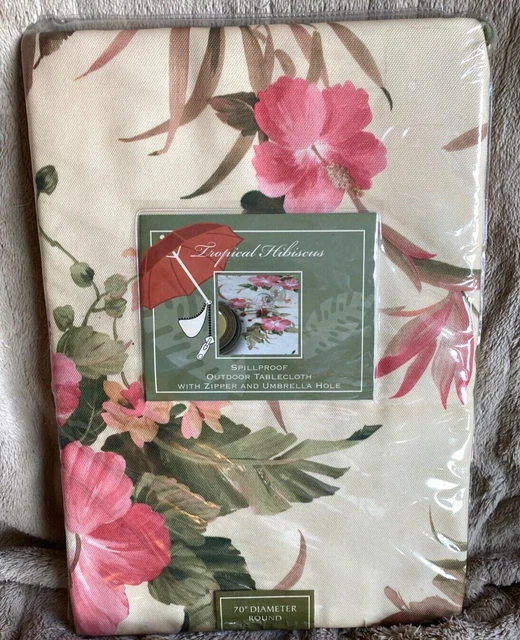 Tropical Hibiscus TABLECLOTH By Benson Mills, 70 inch Round, spillproof NEW