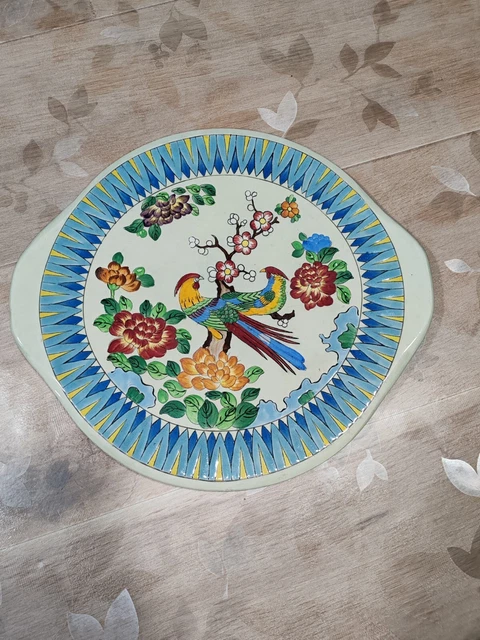 Ancien Plateau En Fer Noir – Décor Peint à La Main, Motif Floral Rustique