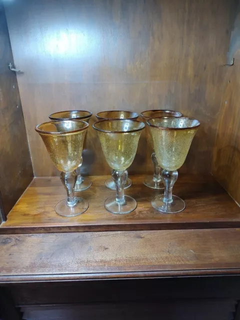 Vintage Set Of 6 Artland Iris Amber Goblets Glasses 8.5" Tall Hand Blown