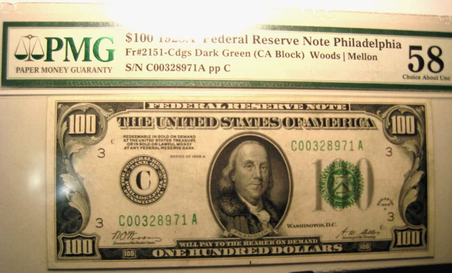 1928A $100 Fr.#2151-Cdgs DARK GREEN FEDERAL RESERVE NOTE PHILADELPHIA PMG58