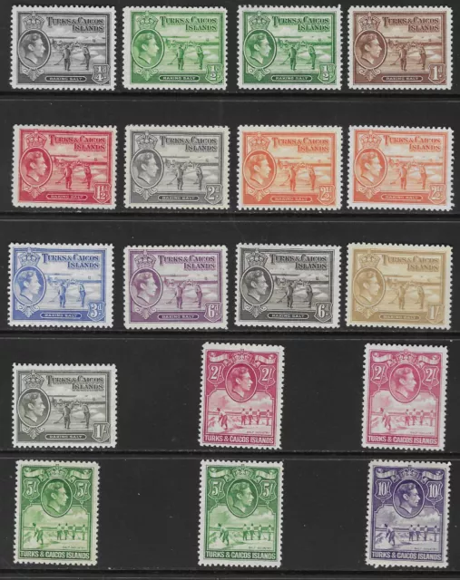 TURKS & CAICOS ISLANDS 1938-45 SET (14) + 1/2d,2 1/2d,2/-,5/- SHADES, MH. (7433)