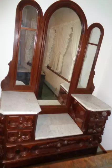Amazing Victorian Walnut & Burled Rosewood Marble Top Vanity – TRIPLE MIRROR