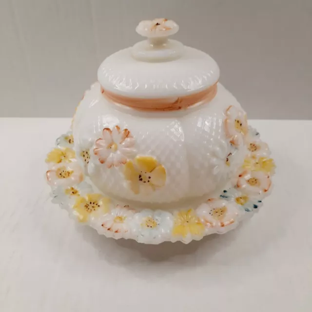 EAPG Consolidated Lamp & Glass Painted Opaque Cosmos Stemless Daisy Butter Dish
