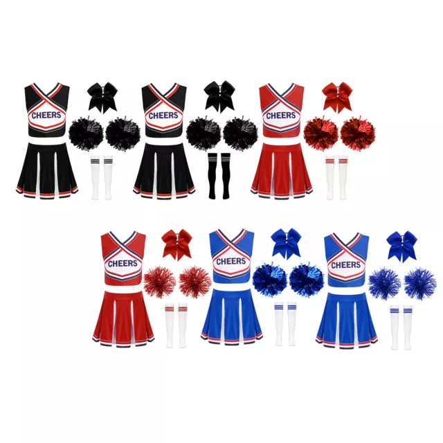 Kids Girls Vest And Pleated Skirt V Neck Cheerleader Dress Up Color Block Sport 2