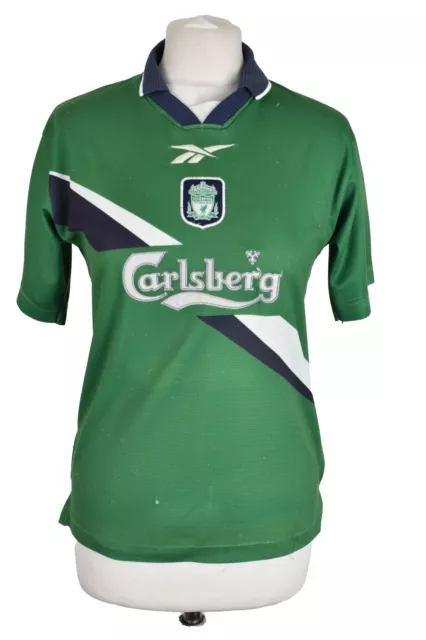 Reebok Liverpool 1999-00 Auswärts Fußball T-Shirt Größe 30""/32"" Jungen grün Vintage