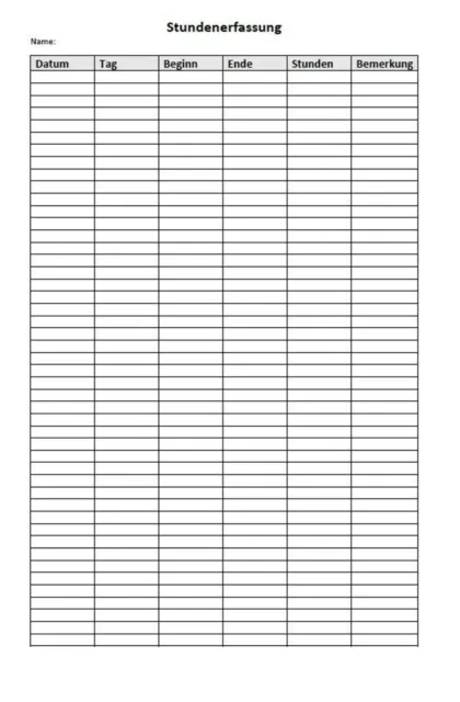 Stundenerfassungsblatt Arbeitszeit zum selber ausdrucken | Excel, pdf