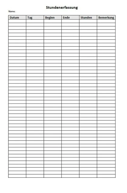 Stundenerfassungsblatt Arbeitszeit zum selber ausdrucken | Excel, pdf