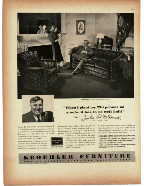 1938 Kroehler Furniture 5624 sofa chair suite Ed McConnell radio star Vintage Ad